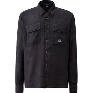 C.p. Company, Overhemden, Heren, Blauw, L, Linnen, Linnen Overhemd Total Eclipse Lange Mouw