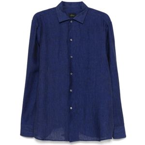 Brioni, Overhemden, Heren, Blauw, L, Linnen, Navy Linnen Overhemd met Kraag