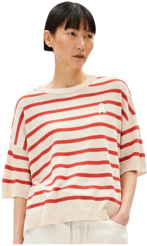 Armedangels, Tops, Dames, Veelkleurig, L, Kortemouw Gebreid Shirt met Logoborduursel