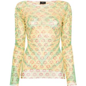 Etro, Tops, Dames, Veelkleurig, M, Mesh Graphic Print Top met Lange Mouwen