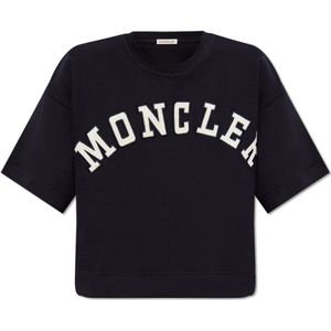 Moncler, Tops, Dames, Blauw, S, Katoen, T-shirt met logo-opdruk en ronde hals