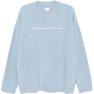 Emporio Armani, Truien, Heren, Blauw, S, Wol, Sweater van fleece met logo-print