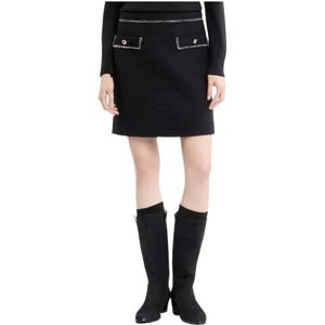 Fay, Rokken, Dames, Zwart, M, Wol, Korte Bouclérok van Wol met Bies