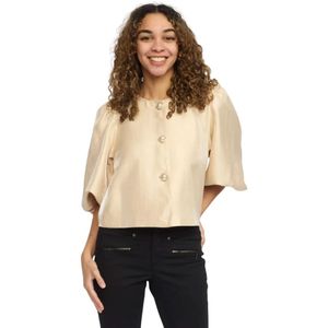 2-Biz, Blouses & Shirts, Dames, Beige, M, Elegante Cropped Blazer met Pofmouwen