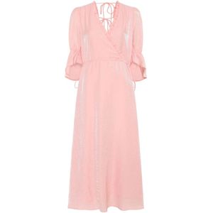 Bruuns Bazaar, Kleedjes, Dames, Roze, XL, Elegante Jurk met V-Hals en Strikband