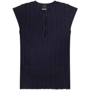 Pinko, Truien, Dames, Blauw, M, Nylon, Blauwe Geribbelde Mouwloze Trui met Kant Inzetstukken