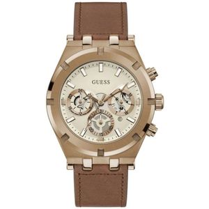 Guess, Accessoires, Heren, Bruin, ONE Size, Bruin Leren Analoog Horloge met Roestvrijstalen Kast