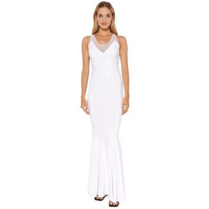 Norma Kamali, Kleedjes, Dames, Wit, S, Polyester, Maxi-jurk met mesh inzet en V-hals