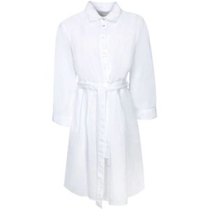 120% Lino, Kleedjes, Dames, Wit, S, Linnen, Linnen Mini Jurk met Overhemdkraag