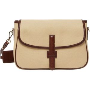 Max Mara Weekend, Tassen, Dames, Beige, ONE Size, Katoen, Canvas Schoudertas met Leren Details
