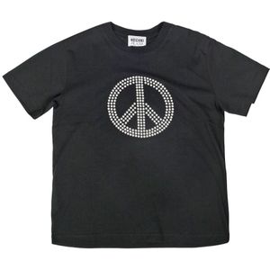 Moschino, Tops, Dames, Zwart, L, Katoen, Vredessymbool Katoenen T-shirt met Strass