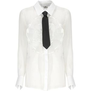 Elisabetta Franchi, Blouses & Shirts, Dames, Wit, L, Witte zijden overhemd met kraag en franjes