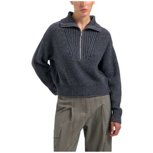 Olaf Hussein, Truien, Dames, Grijs, L, Wol, Elegante Merino Half Zip Gebreide Trui