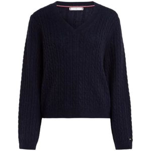 Tommy Hilfiger, Truien, Dames, Blauw, S, Wol, Zachte wollen AO kabel V-gebreide trui