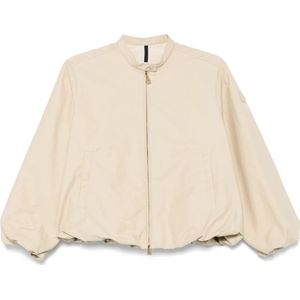 Moncler, Jassen, Dames, Beige, M, Beige Ritsjas Logo Patch Elastische Zoom