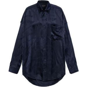 Balenciaga, Blouses & Shirts, Dames, Blauw, S, Zijden shirt met logo