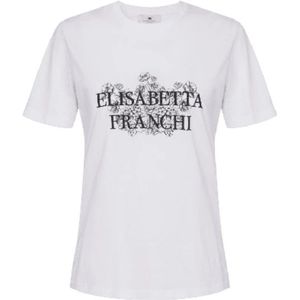 Elisabetta Franchi, Tops, Dames, Wit, M, Katoen, Jersey T-shirt met Botanische Print