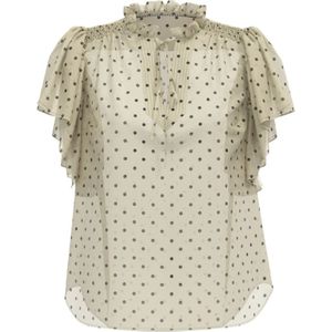 Co'Couture, Blouses & Shirts, Dames, Beige, XS, Polyester, Frill Top Blouse met Stippenpatroon