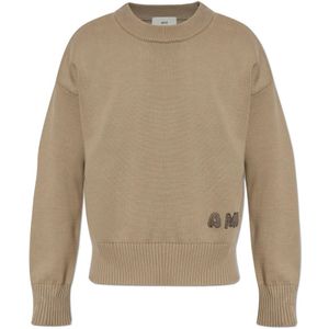 Ami Paris, Truien, Heren, Beige, 2Xs, Katoen, Trui met geborduurd logo