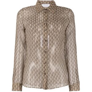 Marine Serre, Blouses & Shirts, Dames, Beige, S, Moon Diamond Zijden Overhemd
