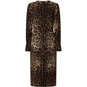 Dolce & Gabbana, Kleedjes, Dames, Bruin, L, Satijn, Luipaardprint Midi Jurk Bruin