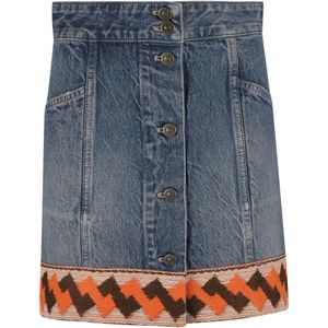 Valentino Garavani, Rokken, Dames, Blauw, XS, Denim, Geborduurde Denim Minirok met knoopsluiting