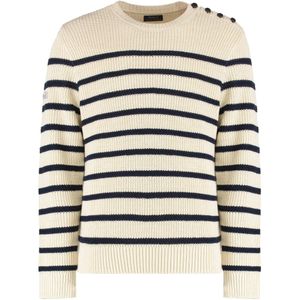 Polo Ralph Lauren, Truien, Heren, Beige, L, Katoen, Gestreepte Crew-neck Sweater met Versierde Knopen