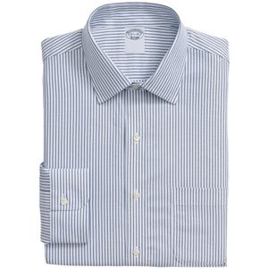 Brooks Brothers, Overhemden, Heren, Blauw, XS, Katoen, Navy gestreept slim fit non-iron performance overhemd met Ainsley kraag