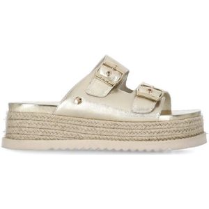 Cult, Schoenen, Dames, Geel, 38 EU, Gouden leren sandalen met raffia-details