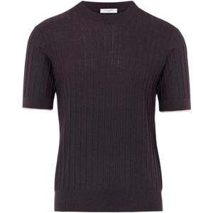 Paolo Pecora, Tops, Heren, Bruin, L, Katoen, Bruine Zijden T-shirt met Witte Rand