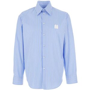 Msgm, Overhemden, Heren, Blauw, XL, Katoen, Blauw Gestreept Logo Katoenen Overhemd