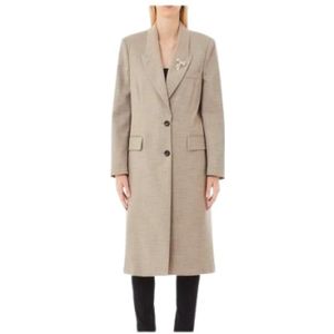 Liu Jo, Mantels, Dames, Grijs, S, Polyester, Elegante Lange Blazer met Strass Broche