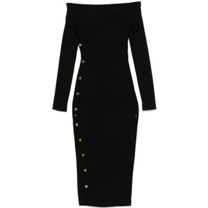 Elisabetta Franchi, Kleedjes, Dames, Zwart, M, Leer, Zwarte midi-jurk met gouden knopen