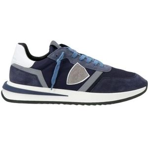 Philippe Model, Schoenen, Heren, Blauw, 45 EU, Leer, Blauwe lage sneakers met 3D-inzetstuk