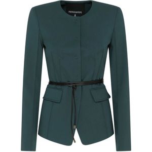 Patrizia Pepe, Jassen, Dames, Blauw, S, Polyester, Petrolkleurig jasje met ronde hals en afneembare riem