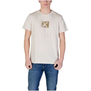 Calvin Klein Jeans, Tops, Heren, Beige, S, Katoen, Beige Print Katoenen T-shirt Ronde Hals