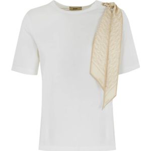 Herno, Tops, Dames, Beige, M, Katoen, Katoenen T-shirt met Zijden Sjaal