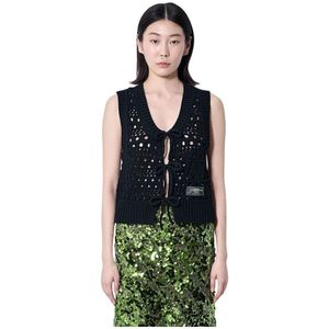 Ganni, Jassen, Dames, Zwart, L, Katoen, Gebreid Logo Patch Vest