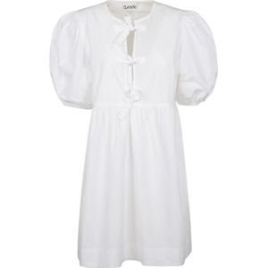 Ganni, Kleedjes, Dames, Wit, S, Katoen, Korte ronde hals pofmouw jurk