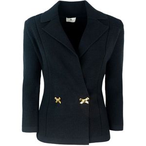 Elisabetta Franchi, Truien, Dames, Zwart, M, Polyester, Metalen Detail Knoop Sweatshirt