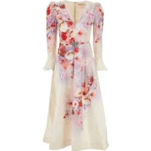 Zimmermann, Kleedjes, Dames, Wit, S, Linnen, Crush Jurk met Volantmouwen en Midi-lengte