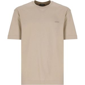 Ermenegildo Zegna, Tops, Heren, Beige, L, Katoen, Beige Katoenen T-shirt met Geborduurd Logo