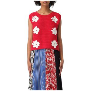 Msgm, Tops, Dames, Rood, XS, Katoen, Rode Bloemen Gebreide Top