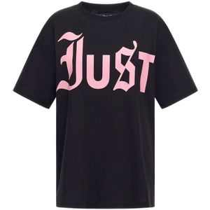 Just Cavalli, Tops, Dames, Zwart, M, Leer, Oversize Logo T-shirt - Roze Details