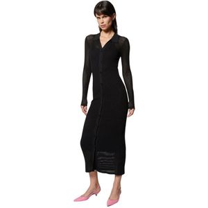 Silvian Heach, Truien, Dames, Zwart, M, Nylon, Lange geribbelde gebreide jurk met knopen