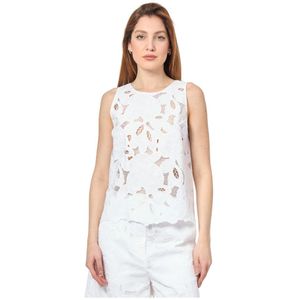 Hugo Boss, Tops, Dames, Wit, XS, Katoen, Geborduurde Mouwloze Witte Blouse
