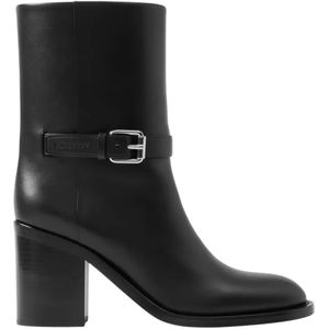 Burberry, Schoenen, Dames, Zwart, 38 1/2 EU, Leer, Zwarte leren enkellaarsjes met blokhak