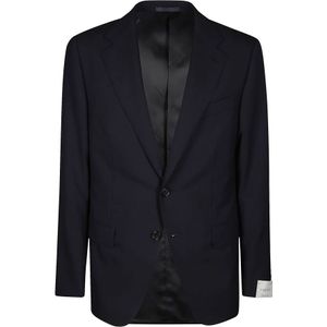 Caruso, Pakken, Heren, Blauw, 2Xl, Wol, Donkerblauw pak met jas en zakken