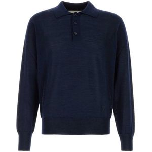 Ami Paris, Tops, Heren, Blauw, L, Wol, Donkerblauw poloshirt van wolmix