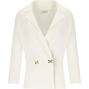 Elisabetta Franchi, Jassen, Dames, Beige, L, Leer, Ivoor Gebreide Blazer met Strikken